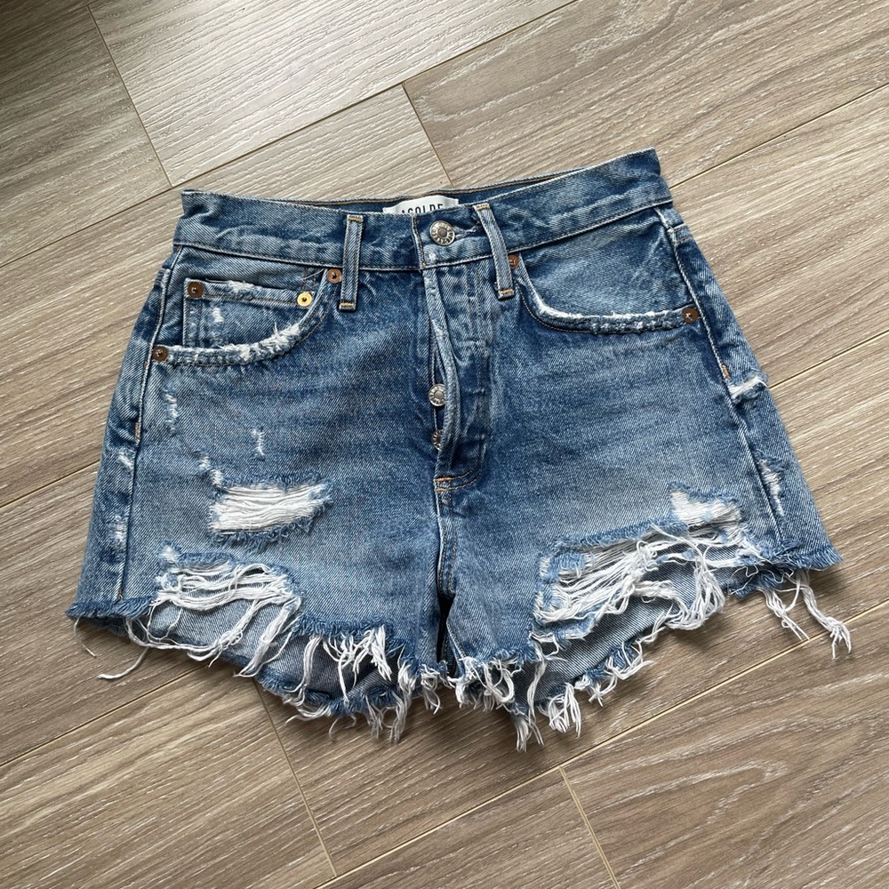 AGOLDE Parker Vintage Cut Off Denim Shorts 100% Cotton Sz 22* EUC Blue Med Wash - Picture 2 of 9